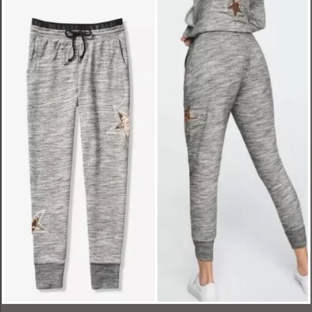 Victoria's Secret Pink Gray Marl Black Gold Star Bling Skinny Jogger Pant M